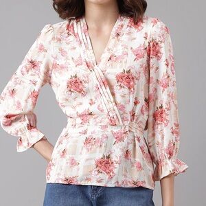 Latin Quarters Floral Tie Front‎ Blouse Pink Beige Size XL